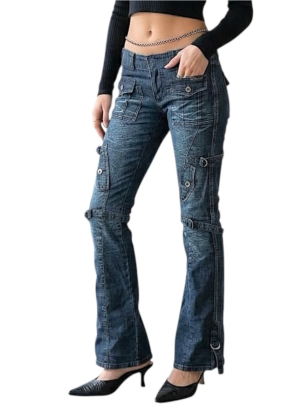 Y2K Parasuco ultra low rise dark blue cargo flare leg stretch utility jeans 27